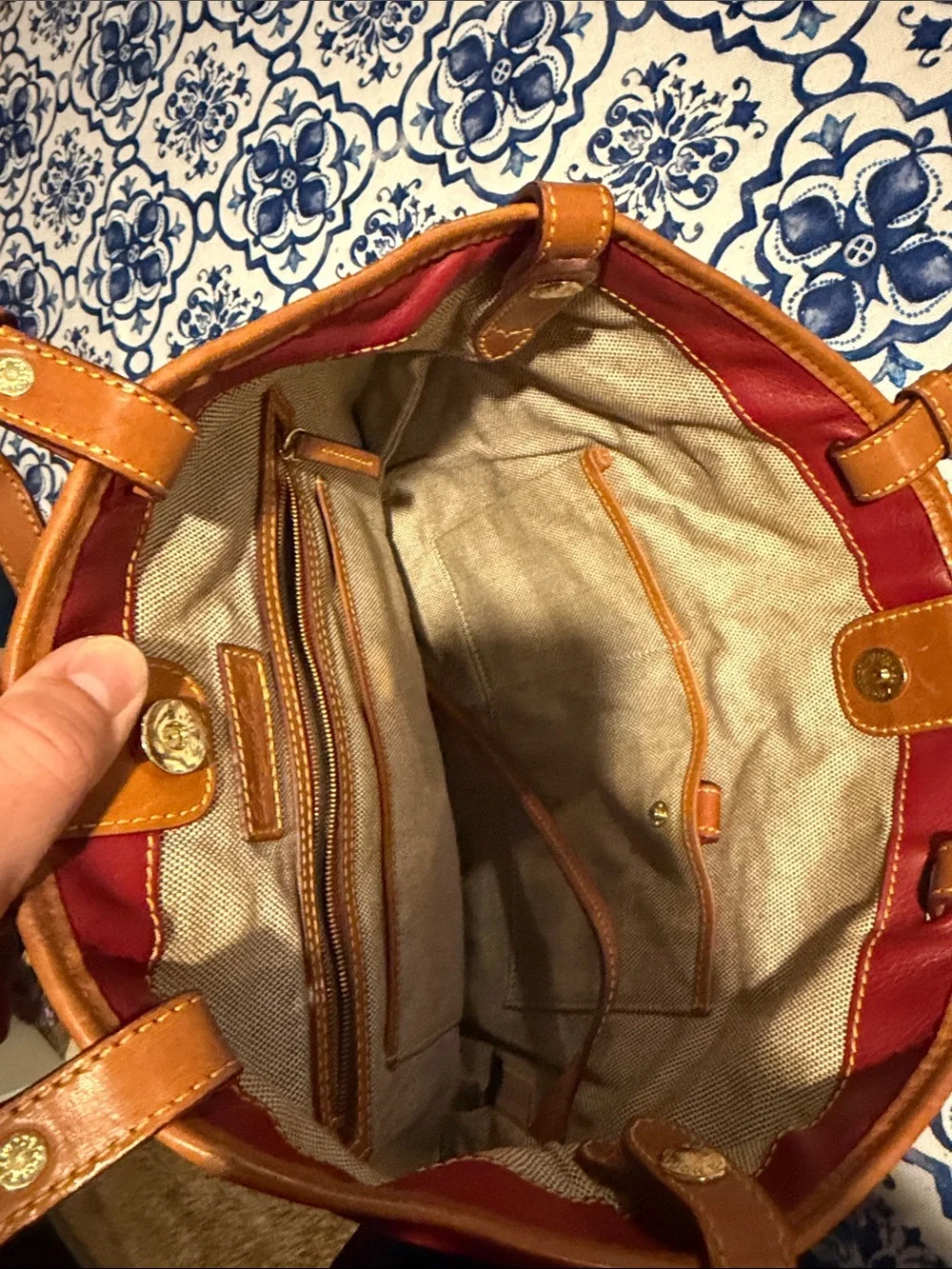 Dooney & Bourke Red Leather Tote with Tan Trim and Gold Logo